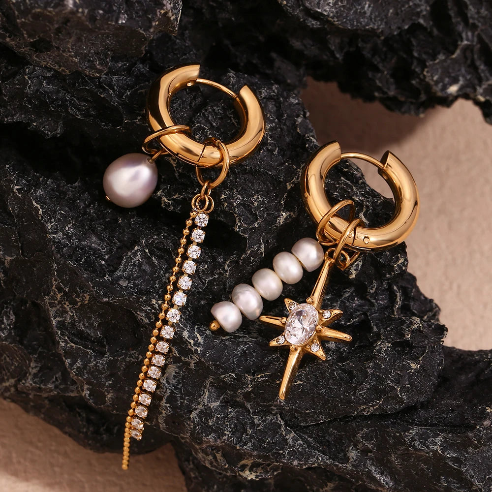 Ethereal Star Pearl Drop Asymmetrical Earrings